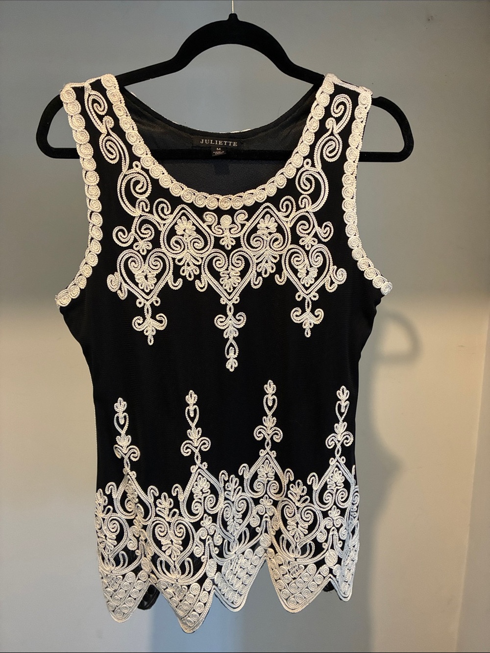 Black Tank Top with White Embroidered Lace